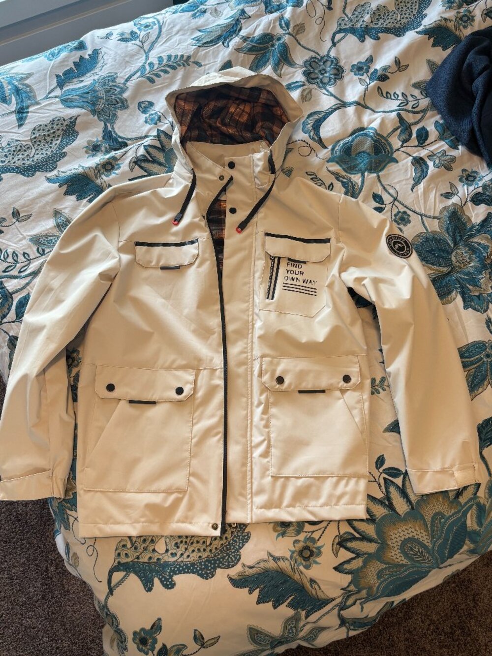 Hooded Casual Off White Rain Jacket, Adult Size M, Zipper Closure
